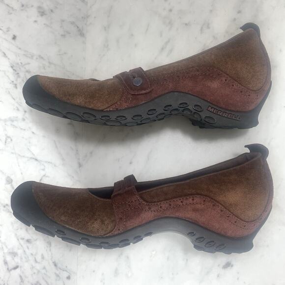 MERRELL Plaza Bandeau Mary Jane Women 9.5 Cherry Oak Brown Suede Slip-On EUC - Picture 4 of 7